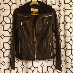 Michael Kors Black Leather Jacket with Gold Zippers